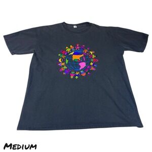 VTG  T-Shirt Mens MED Black Guatemala Embroidered World Globe Neon Graphic Fased